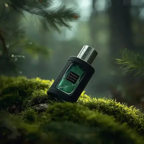 Флакон духов лежит на зелёном мху среди лесной листвы и тумана.