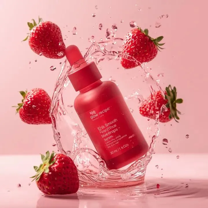 Пример промпта для рекламы сыворотки Glow Recipe с клубникой и брызгами воды. · пример 2