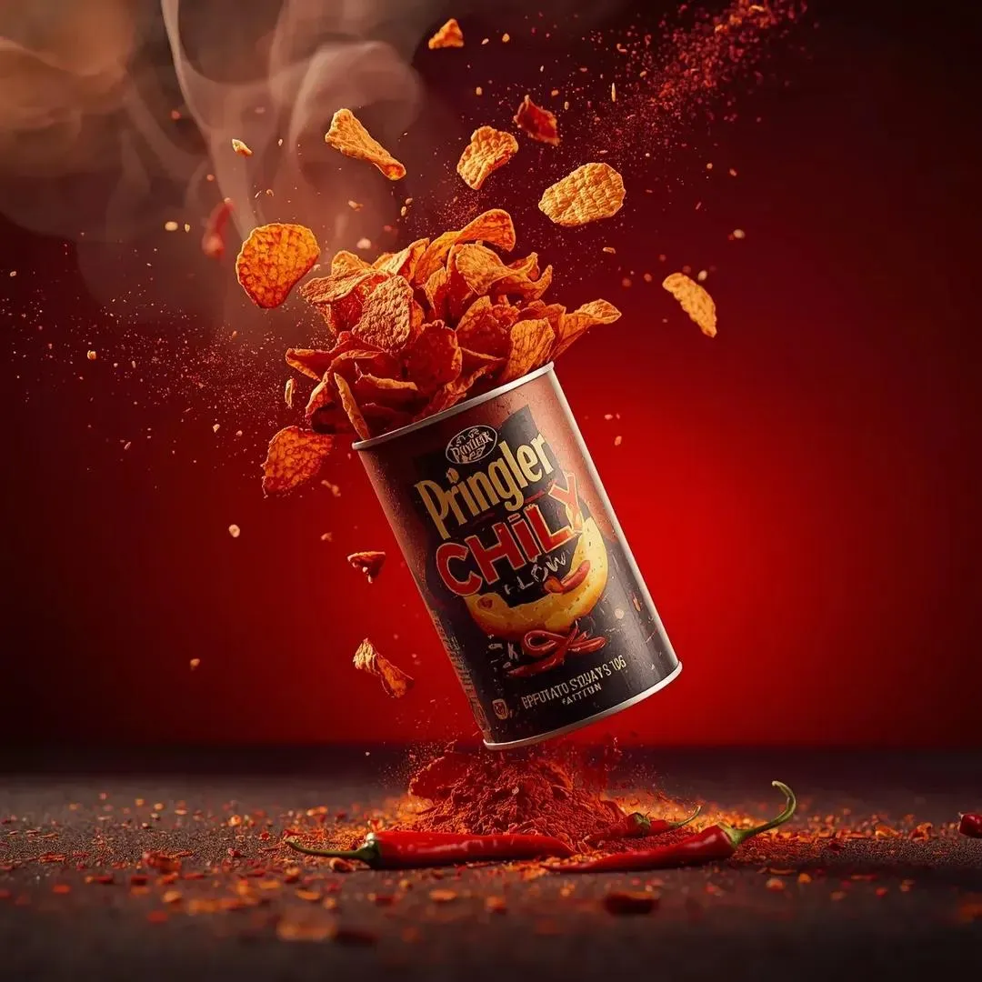 Банка Pringler Fire Chili Flow наклонена в воздухе, из неё вылетают чипсы и частицы специй. · пример 1