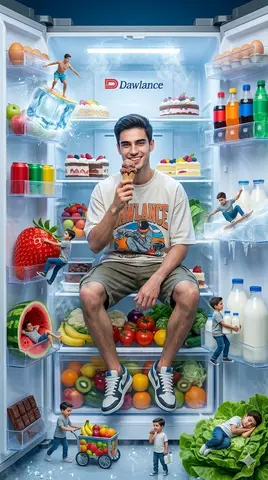 Пример фантазийной сцены с главным персонажем и миниатюрными фигурками внутри прозрачного холодильника.