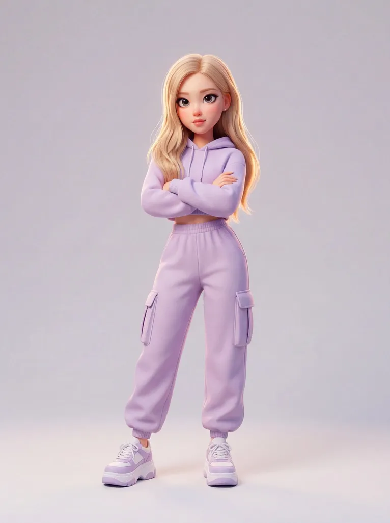 Промпт для 3D-персонажа Rosé в лавандовой одежде на сером фоне. · пример 2
