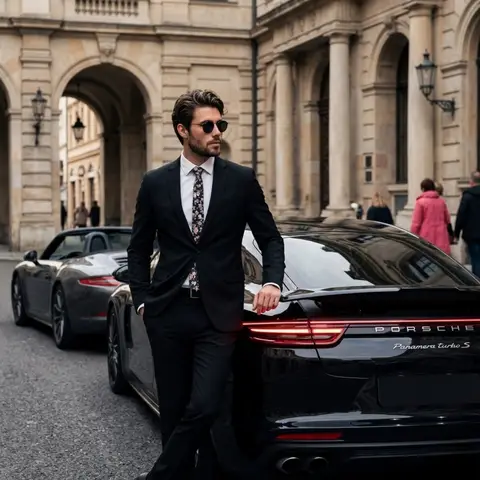 Пример промпта для коммерческой фотографии мужчины рядом с Porsche Panamera на исторической улице.