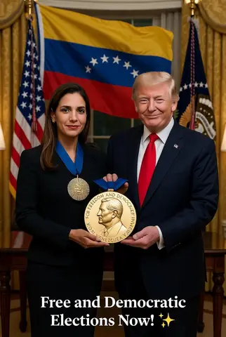 Мария Корина Мачадо вручает Дональду Трампу медаль в торжественном интерьере.