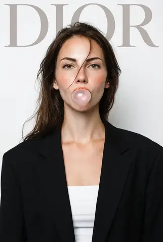 Пример студийного портрета с надписью DIOR на белом фоне.