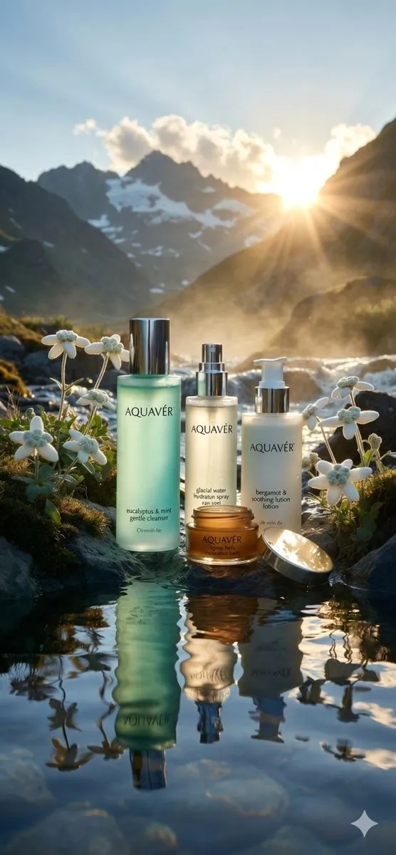 Промпт для предметной съёмки косметики AQUAVÉR среди эдельвейсов у альпийского ручья. · пример 2
