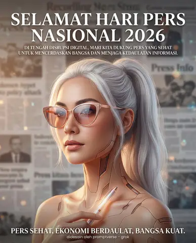 Пример промпта для официального постера Hari Pers Nasional 2026 с образом журналистки-киборга.