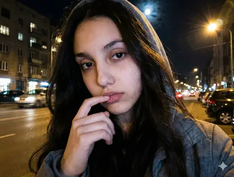 Молодая женщина с тёмными волосами касается пальцем нижней губы на ночном городском селфи.
