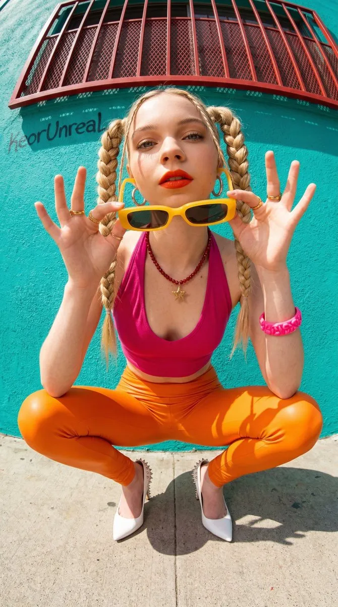 Emma Myers в ярком стритвир-образе на фоне бирюзовой стены с граффити KeorUnreal. · пример 2