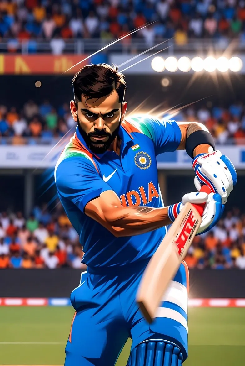 Пример промта для мультяшного крикетного портрета Virat Kohli с битой на стадионе. · пример 1