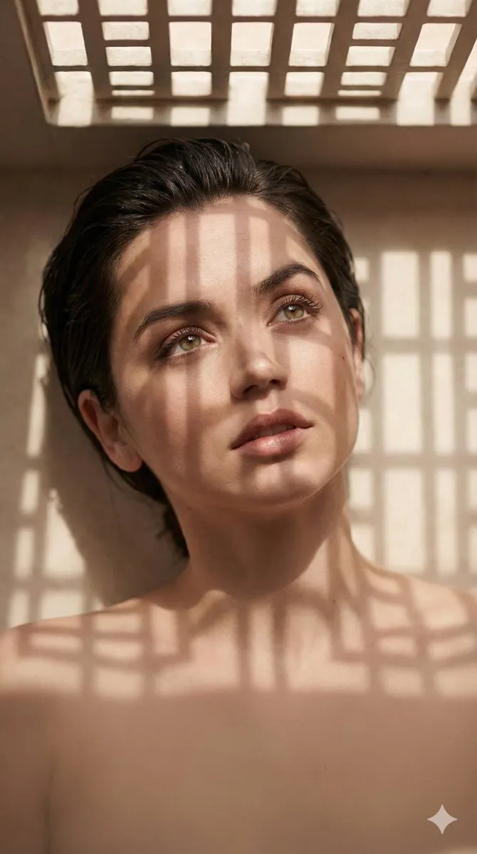 Ana de Armas снята сверху; на её лице и плечах лежат мягкие тени с вертикальным и сетчатым рисунком. · пример 1