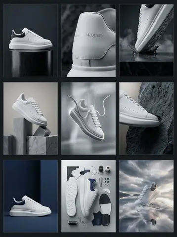 Сетка 3x3 показывает кроссовки Alexander McQueen в девяти коммерческих композициях.