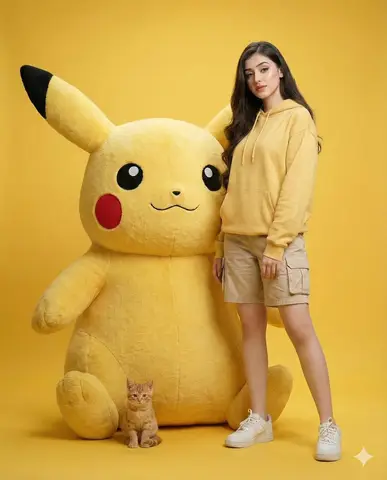 Девушка стоит рядом с огромным пушистым Pikachu, у его ног сидит котёнок.