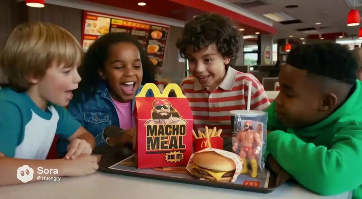 Винтажный рекламный кадр McDonald’s 1980-х с Macho Man Randy Savage и набором Macho Meal. · пример 2