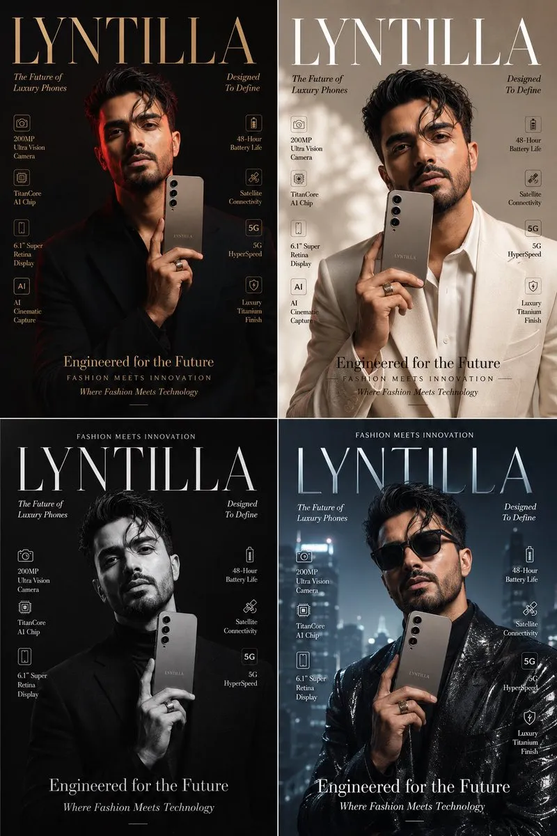 Пример обложки модного журнала с моделью, смартфоном и выносками с характеристиками.