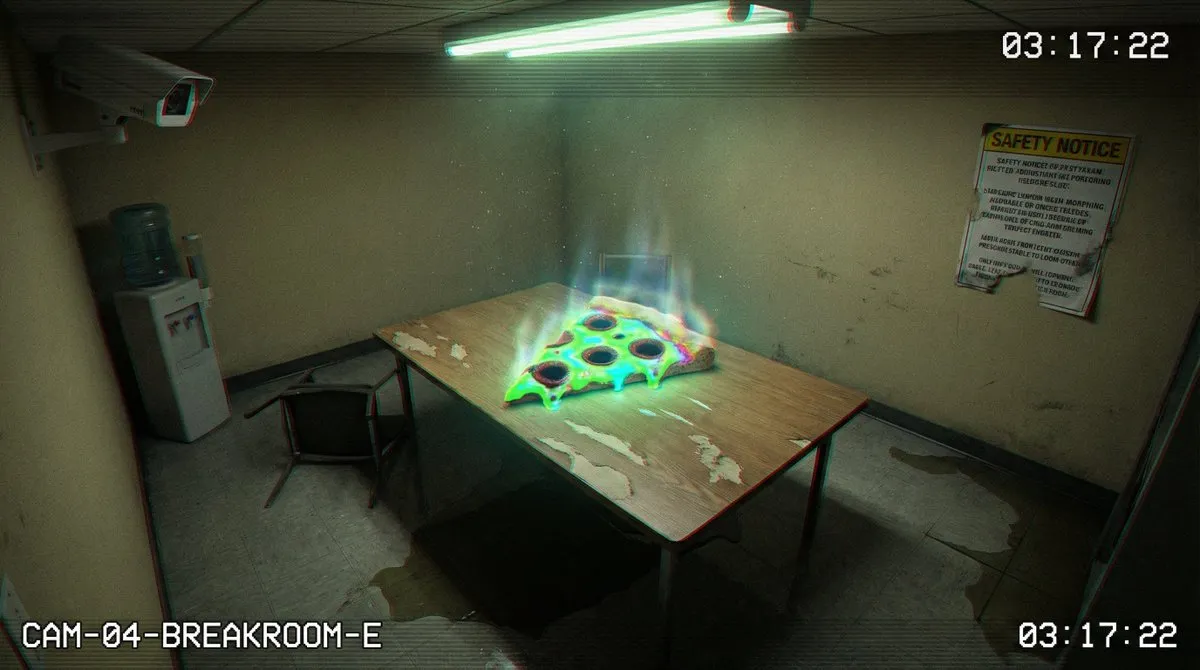 Загадочная комната отдыха с неестественным свечением еды, снятая камерой наблюдения · пример 3