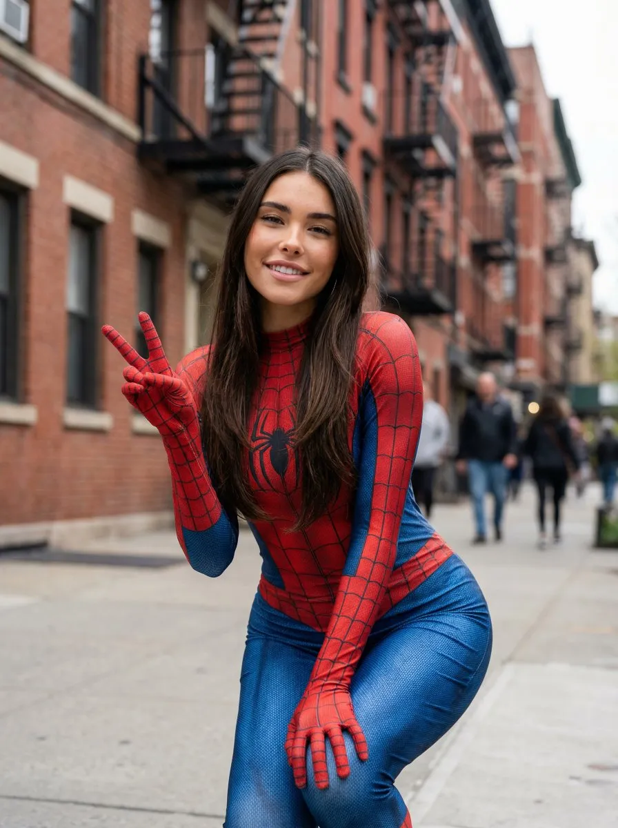 Пример уличного косплея Spider-Man с кофе на фоне кирпичных домов Нью-Йорка. · пример 1