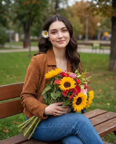 Молодая женщина в коричневой куртке сидит в парке и держит букет.