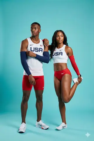 Пример редакционного спортивного портрета двух легкоатлетов в форме Team USA.