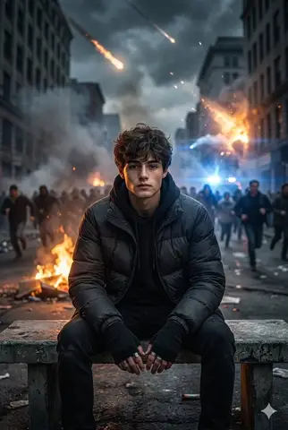 Пример из источника для кинематографичного портрета в сюрреалистичной сцене апокалипсиса.