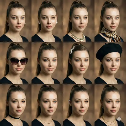 Промпт для модного фотоколлажа с одинаковым лицом и разными аксессуарами.