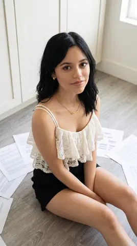Промпт описывает портрет Jenna Ortega, сидящей на полу в светлом помещении с минималистичной мебелью.