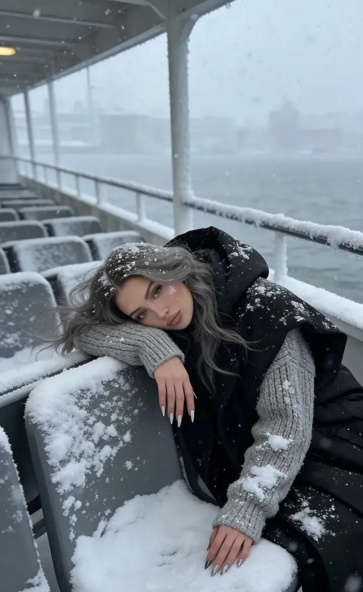 Промпт для портрета женщины, сидящей на заснеженной палубе парома.