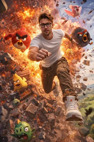 Промпт для экшен-сцены с мужчиной и персонажами Angry Birds.