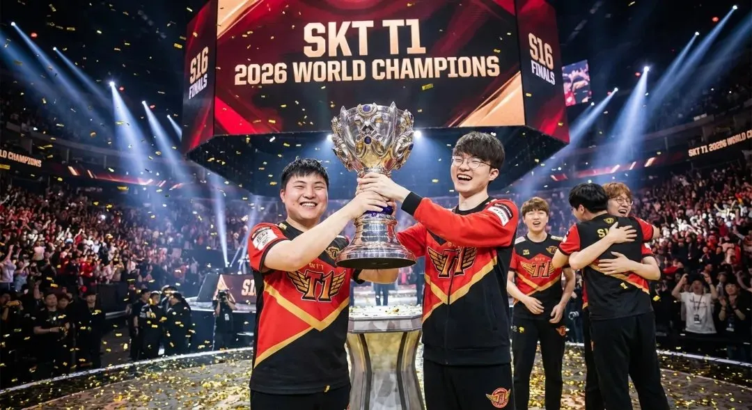 Сцена с игроком Uzi, командой SKT и Faker на чемпионском турнире S16. · пример 4
