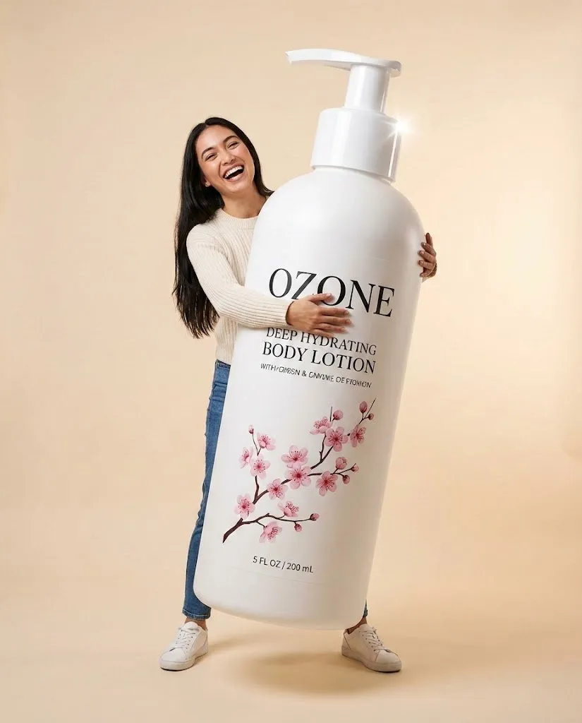 Женщина смеётся и обнимает огромную белую бутылку лосьона OZONE.