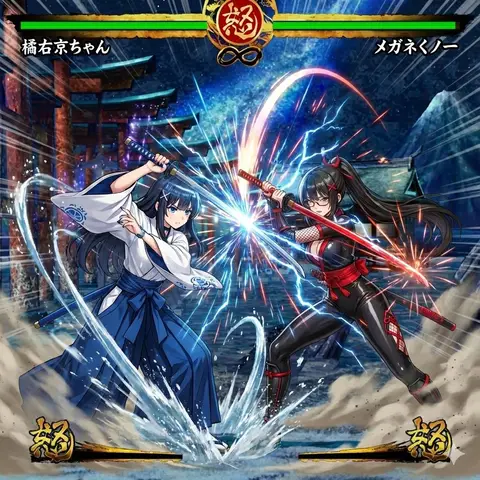Персонажи Укё и девушка-ниндзя сражаются на игровом экране Samurai Shodown.