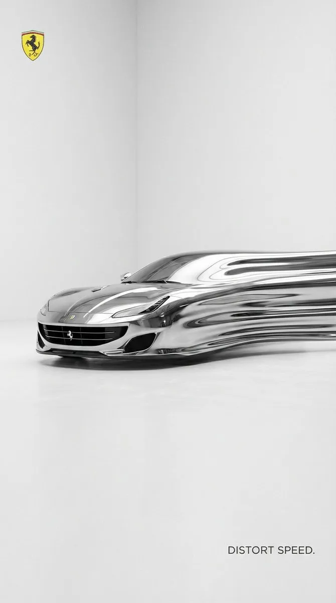 Передняя часть Ferrari вытягивается в полосы жидкого хрома на матовом белом фоне. · пример 2