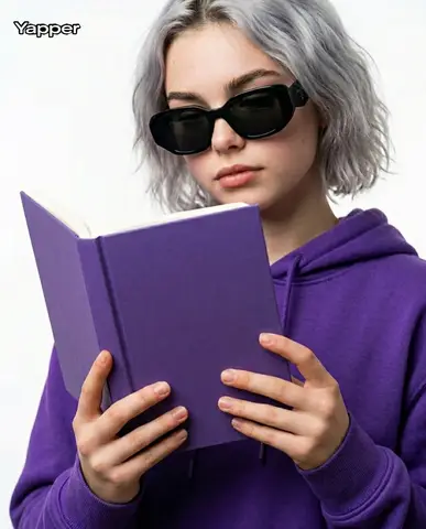 Редакционный крупный план рук с фиолетовой книгой и моделью в худи.