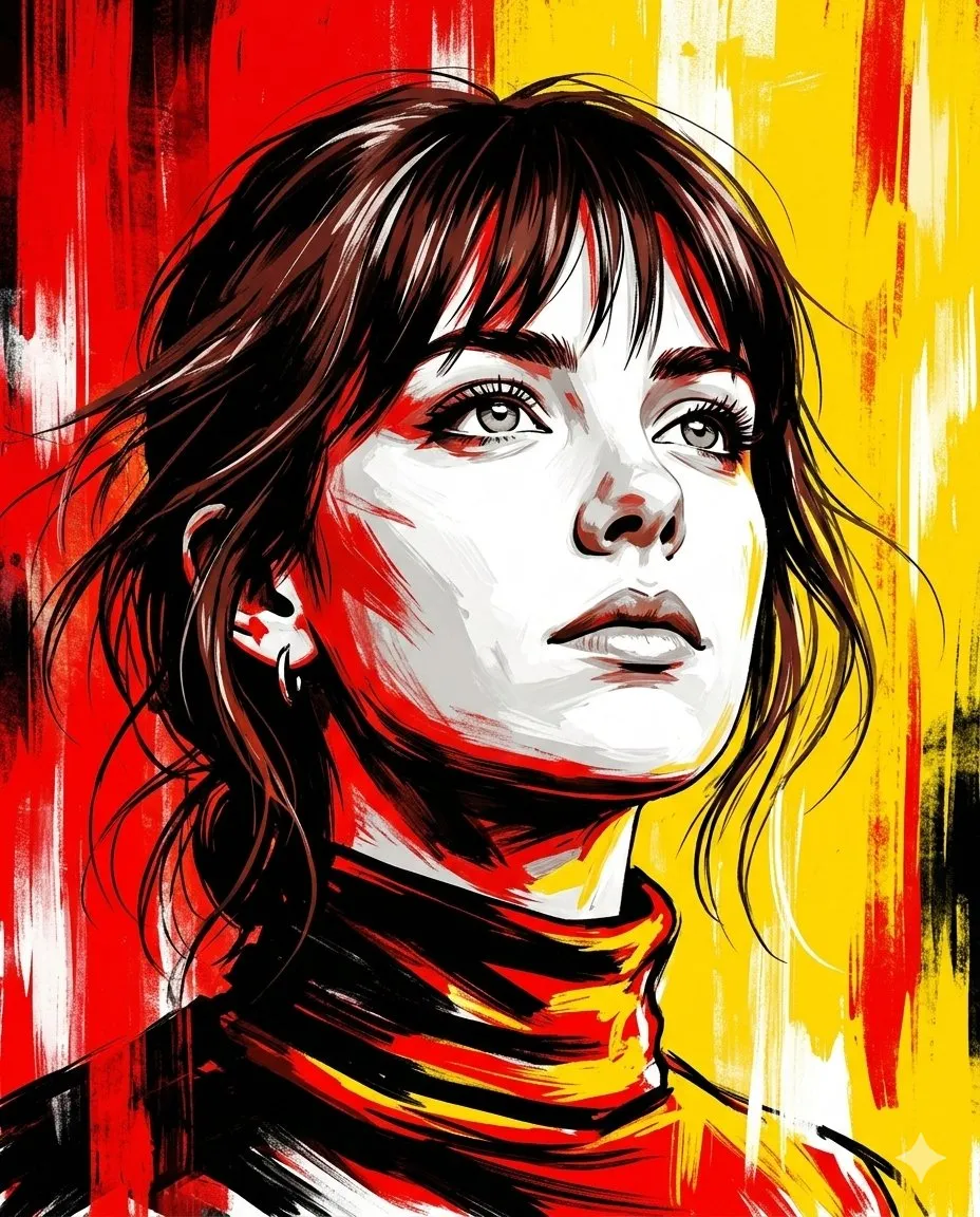 Женщина смотрит вверх на фоне абстрактных красных и жёлтых мазков. · пример 3