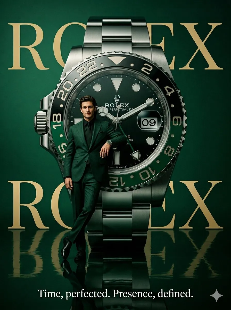 Мужчина в тёмно-зелёном костюме стоит у больших часов Rolex в отражающей изумрудной студии.