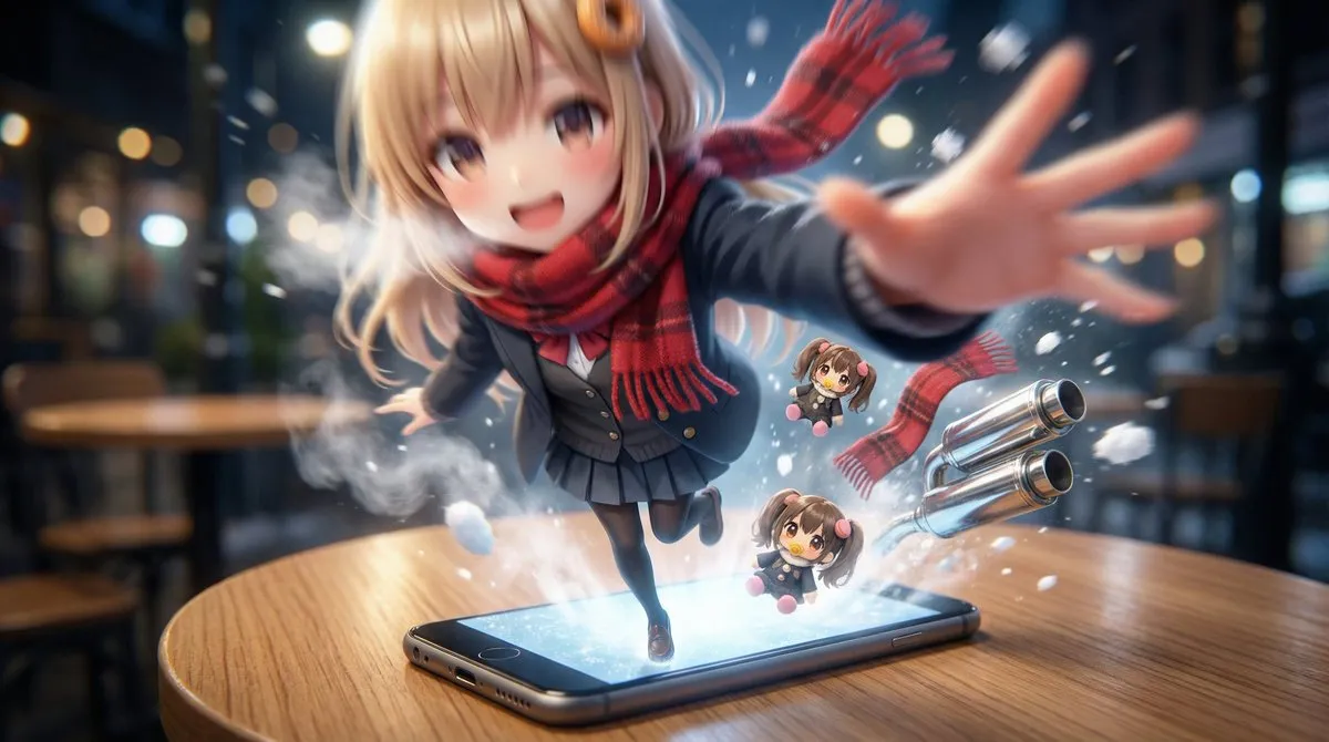 Пример двух промптов для сцены с персонажем, выходящим из смартфона. · пример 2