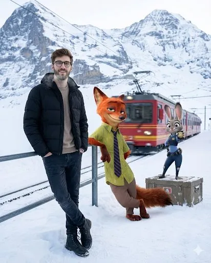 Мужчина стоит на заснеженной платформе рядом с Nick Wilde и Judy Hopps, а красный поезд отходит от станции.