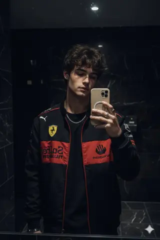 Пример промпта для селфи в тёмной ванной в куртке Ferrari.