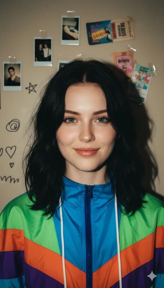 Молодая женщина в разноцветной ветровке позирует на фоне бежевой стены с Polaroid. · пример 2