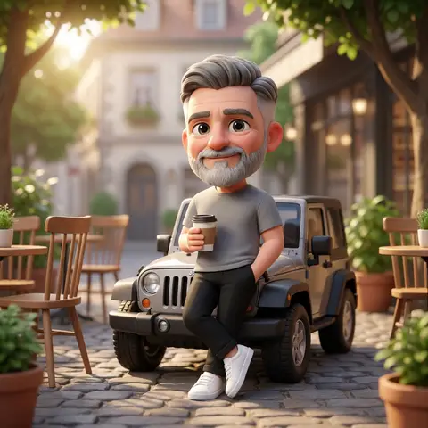 Фрагмент промпта для чиби-персонажа у миниатюрного Jeep во дворике кафе.