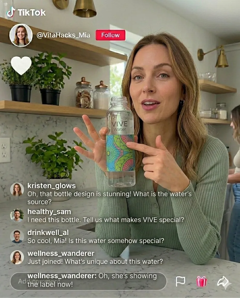 Креатор TikTok держит продукт на кухне. · пример 1