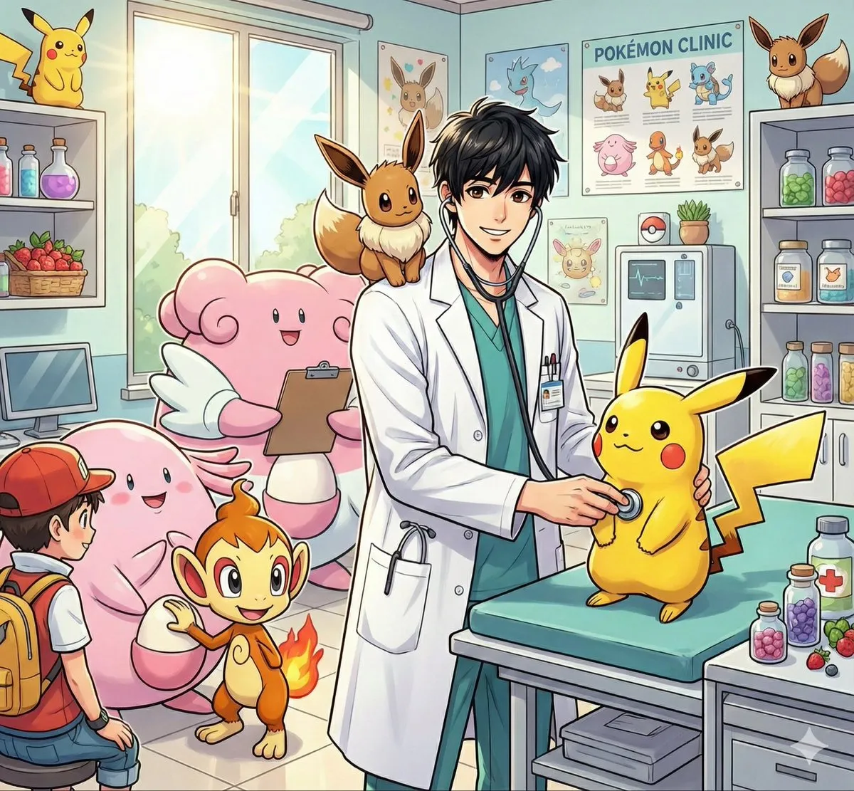 Пример короткого промпта для изображения человека врачом в мире Pokémon с подходящим покемоном.