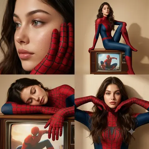 Пример промпта для четырёхчастного модного коллажа с костюмом Spider-Man