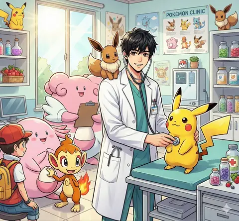 Пример короткого промпта для изображения человека врачом в мире Pokémon с подходящим покемоном.