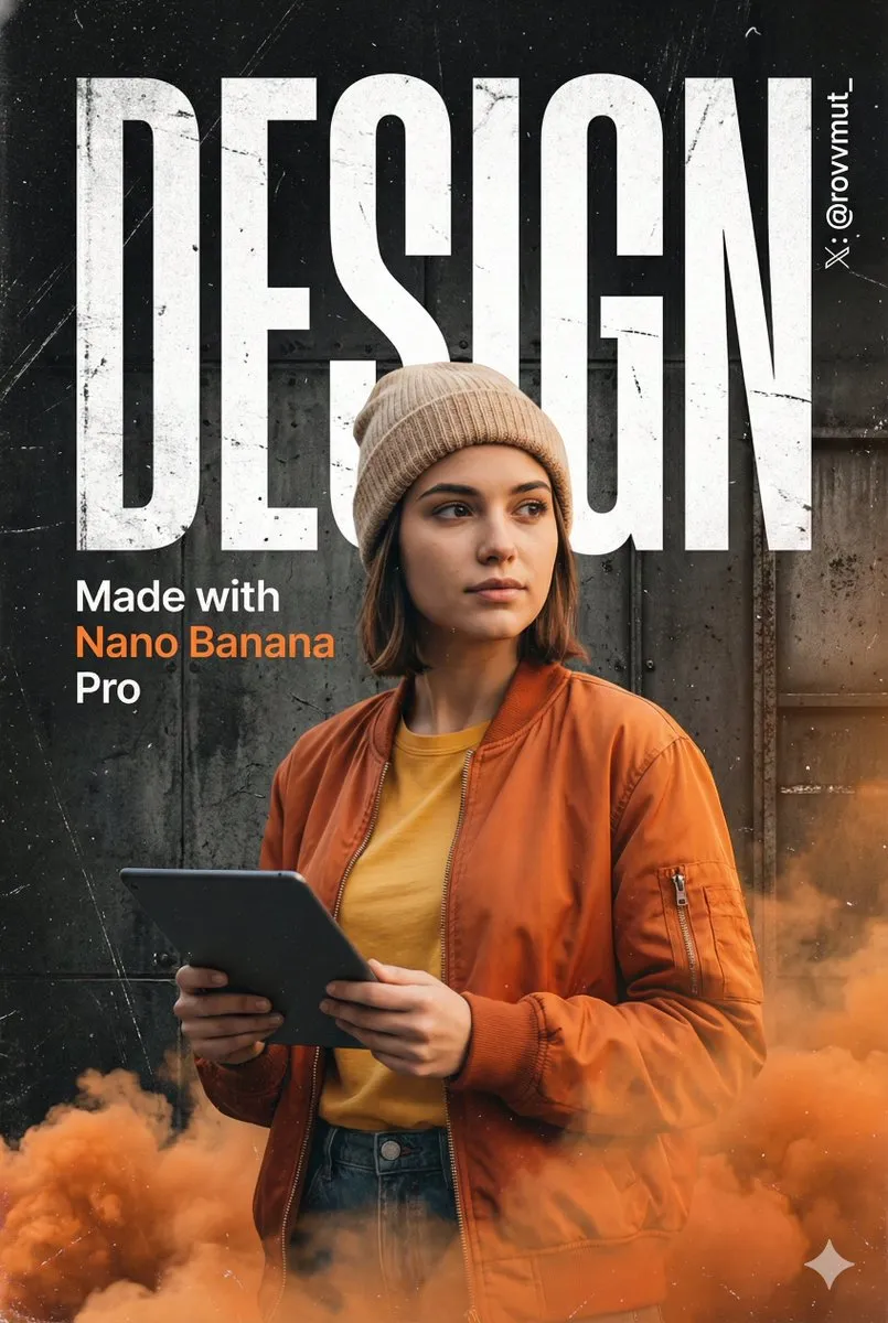 Промпт описывает рекламный постер с портретом женщины, планшетом, словом DESIGN и фактурным графическим фоном. · пример 2