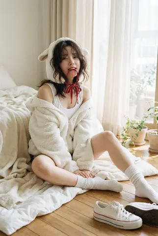 Молодая корейская участница K-pop на фотосессии в пушистой толстовке с овечьими ушками и красной лентой.