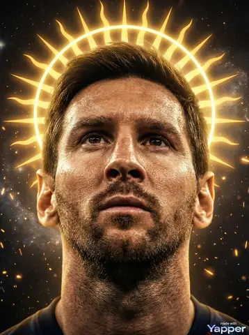 Пример промпта для кинематографичного портрета Lionel Messi с золотым нимбом.