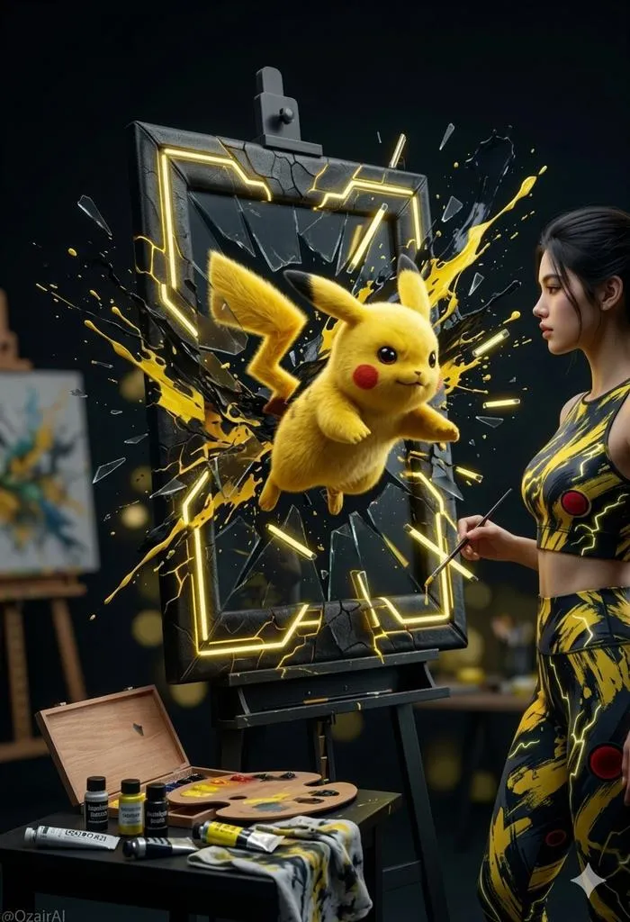 Промпт для 3D-сцены с Пикачу, выходящим из разбитого холста.