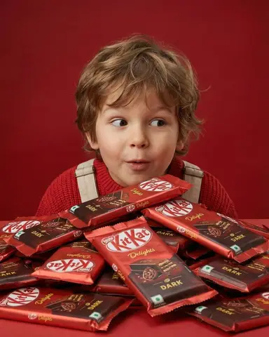 Пример промпта для рекламы KitKat Dark с девушкой на ярком красном фоне.