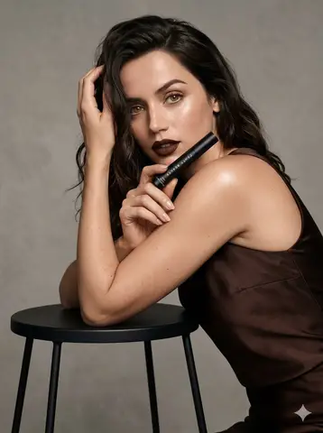 Промпт для рекламы, где Ana de Armas держит помаду Fenty Beauty.