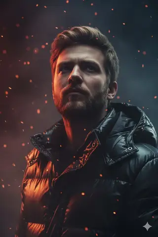 Пример промпта для драматичного портрета мужчины в дыму и свете углей